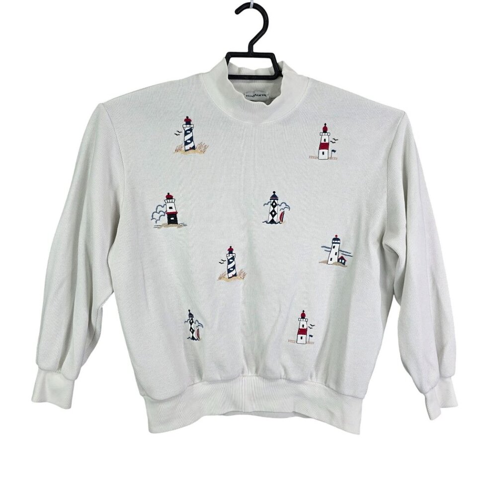 Womens Vintage BonWorth White Sweatshirt Lighthouse Embroidery Long Sleeves L